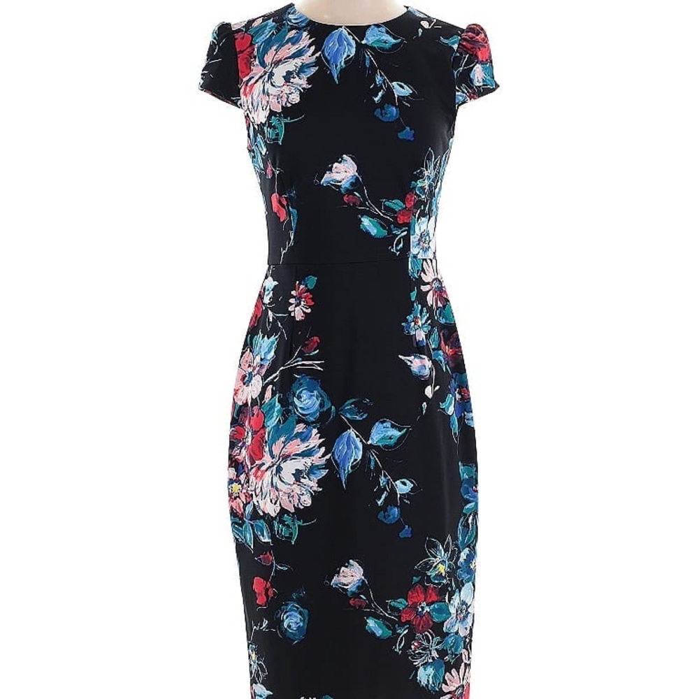 Betsey Johnson Floral Print Sheath Cap Sleeve Dress Black Size 8